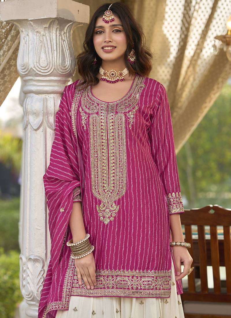 Rani pink chinon silk embroidered with digital print plazzo suit