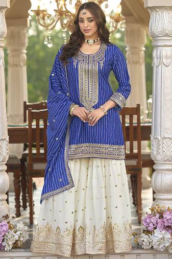Blue chinon silk embroidered with digital print sharara suit