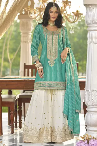 Tutquoise chinon silk embroidered with digital print sharara  suit