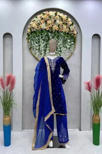 Royal blue velvet straight suit stitched