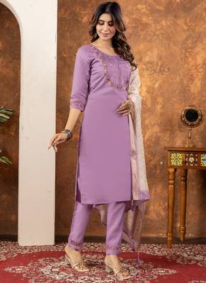Lavender marina silk embroidered thread work salwar suit 1