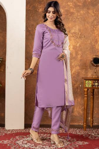 Lavender marina silk embroidered thread work salwar suit