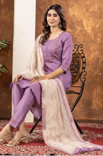 Lavender marina silk embroidered thread work salwar suit