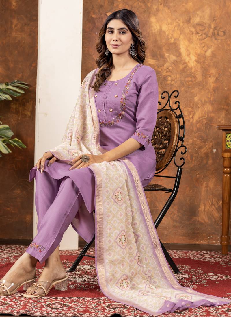 Lavender marina silk embroidered thread work salwar suit