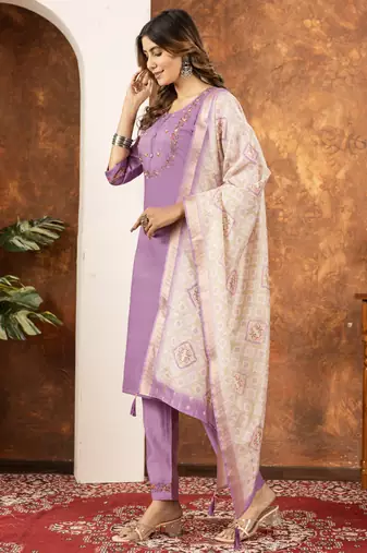 Lavender marina silk embroidered thread work salwar suit