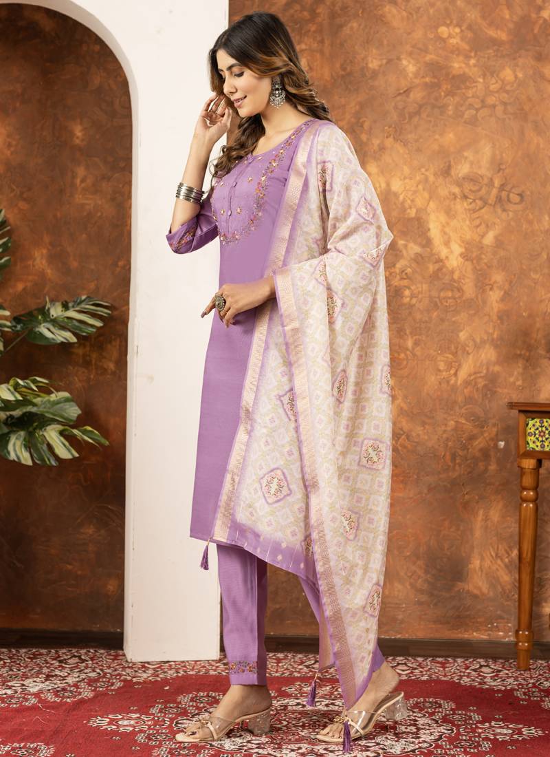 Lavender marina silk embroidered thread work salwar suit