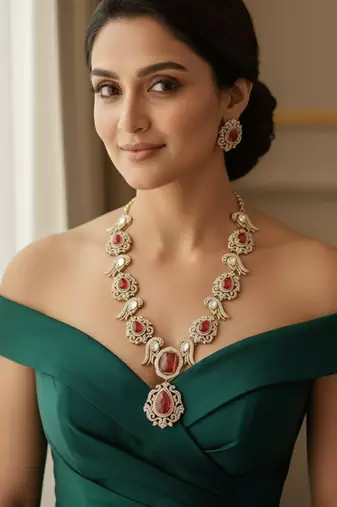 Golden sparkle red gem necklace set