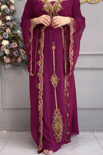  Maroon Designer Embroidered Moroccan Stitched Kaftan for Women     Wedding & Party Wear