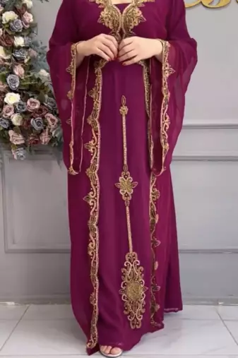  Maroon Designer Embroidered Moroccan Stitched Kaftan for Women     Wedding & Party Wear