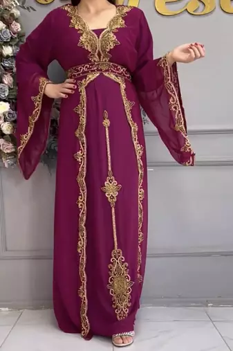  Maroon Designer Embroidered Moroccan Stitched Kaftan for Women     Wedding & Party Wear