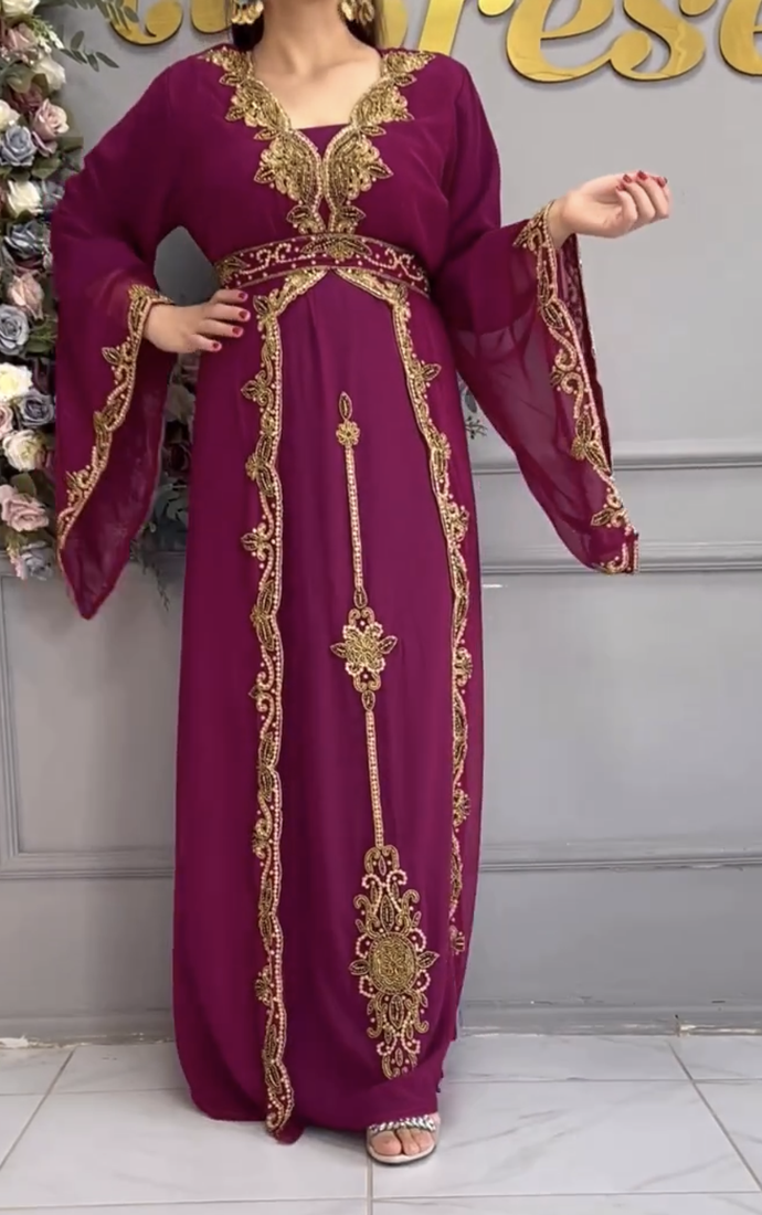  Maroon Designer Embroidered Moroccan Stitched Kaftan for Women     Wedding & Party Wear