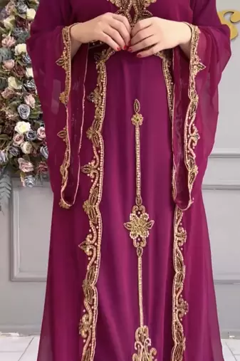  Maroon Designer Embroidered Moroccan Stitched Kaftan for Women     Wedding & Party Wear