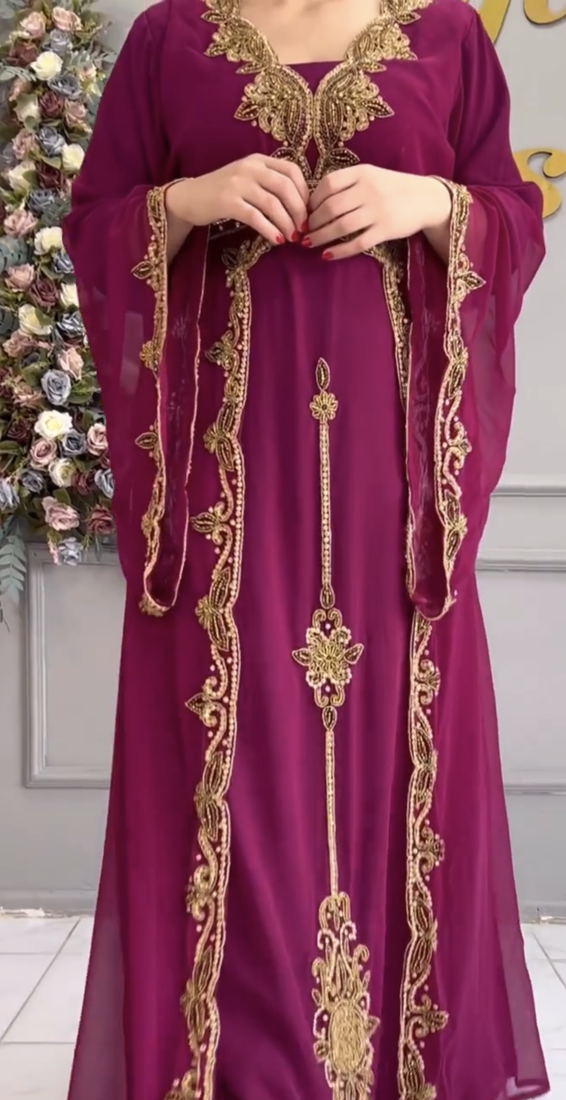  Maroon Designer Embroidered Moroccan Stitched Kaftan for Women     Wedding & Party Wear