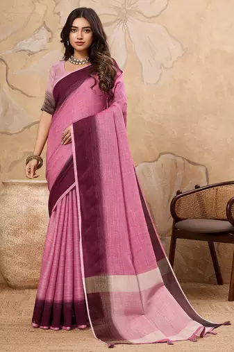 Pink printed linen casual wear saree with blouse