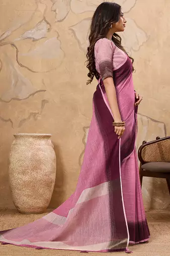 Pink printed linen casual wear saree with blouse