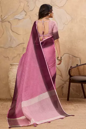 Pink printed linen casual wear saree with blouse