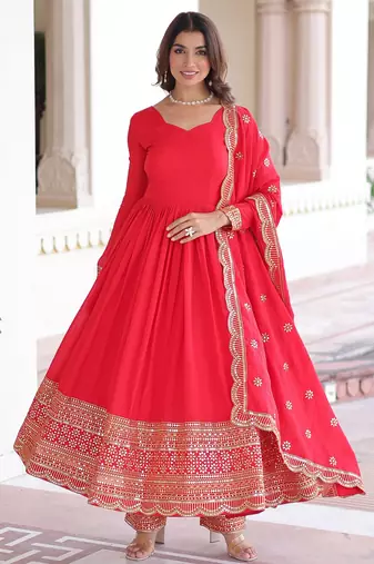 Red Designer Wedding N Karwa Couth Wear Embroidery Work Gown With Dupatta
