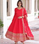 Red Designer Wedding N Karwa Couth Wear Embroidery Work Gown With Dupatta