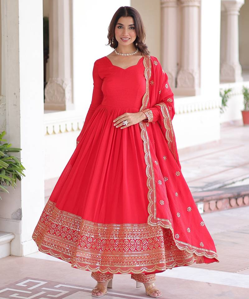 Red Designer Wedding N Karwa Couth Wear Embroidery Work Gown With Dupatta