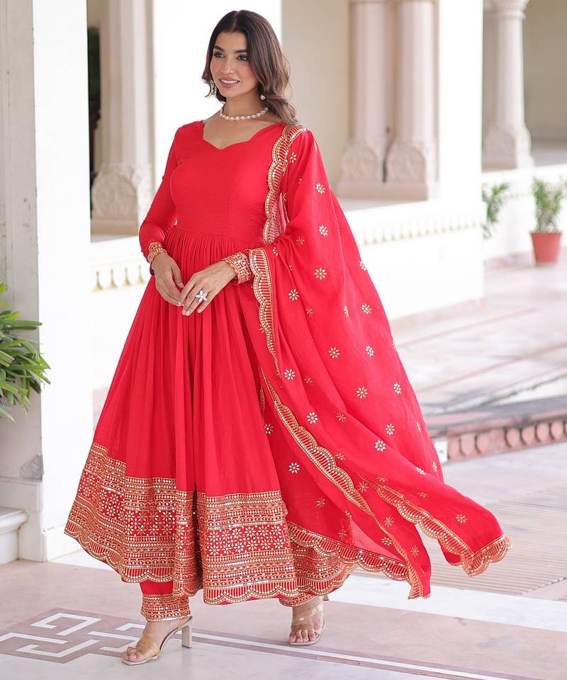 Red Designer Wedding N Karwa Couth Wear Embroidery Work Gown With Dupatta