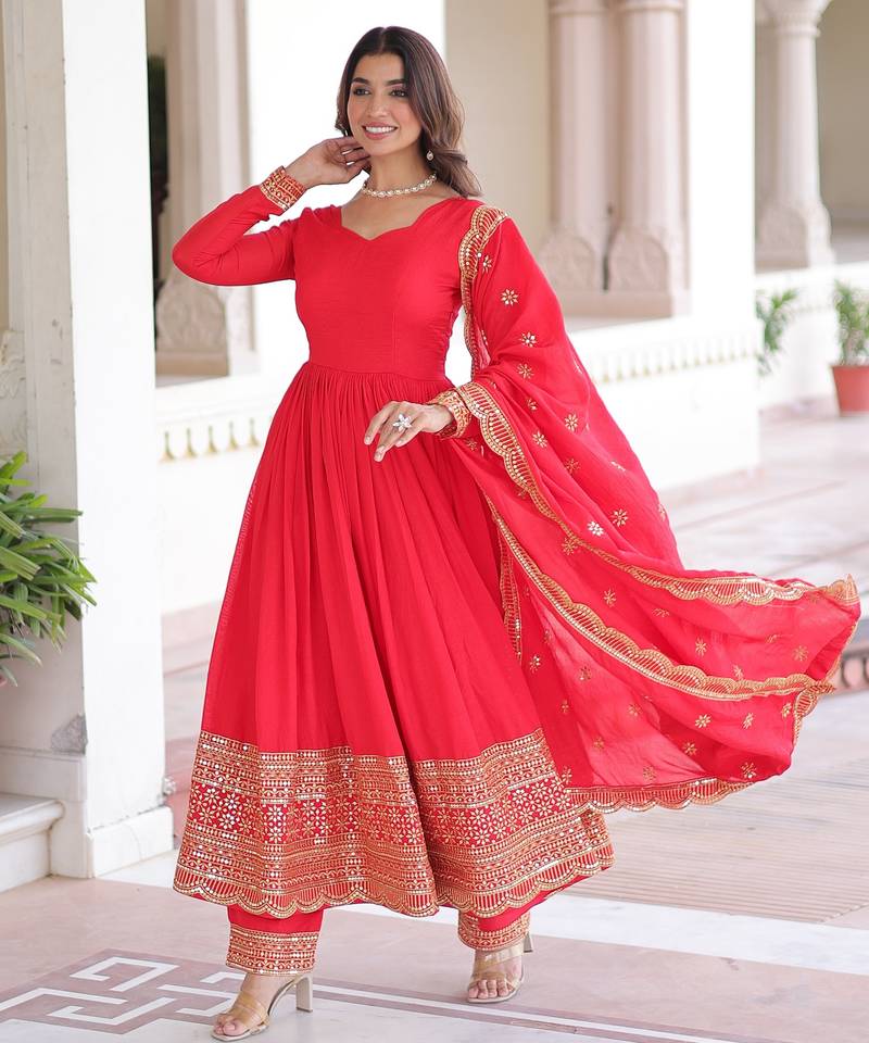 Red Designer Wedding N Karwa Couth Wear Embroidery Work Gown With Dupatta