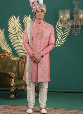 banarasi jacquard pink wedding wear hand embroidery readymade groom 1