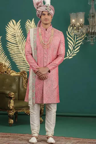 banarasi jacquard pink wedding wear hand embroidery readymade groom