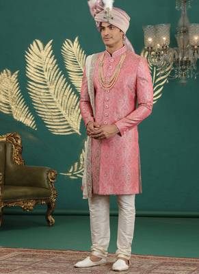 banarasi jacquard pink wedding wear hand embroidery readymade groom 2