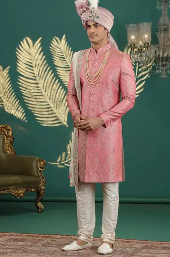 banarasi jacquard pink wedding wear hand embroidery readymade groom