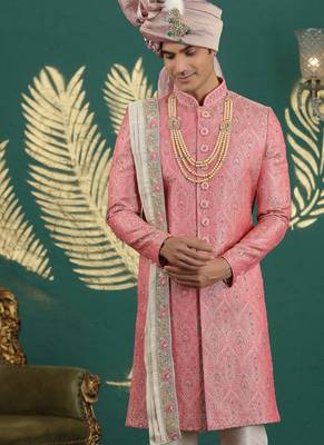 banarasi jacquard pink wedding wear hand embroidery readymade groom 3