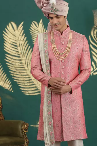 banarasi jacquard pink wedding wear hand embroidery readymade groom