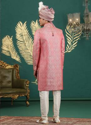 banarasi jacquard pink wedding wear hand embroidery readymade groom 4