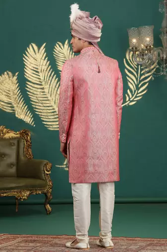 banarasi jacquard pink wedding wear hand embroidery readymade groom