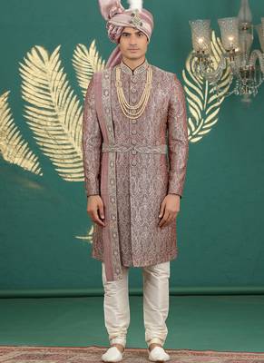 banarasi jacquard maroon wedding wear hand embroidery readymade groom 1