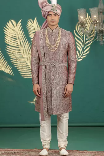 banarasi jacquard maroon wedding wear hand embroidery readymade groom