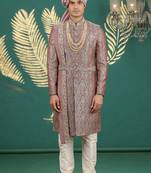 banarasi jacquard maroon wedding wear hand embroidery readymade groom