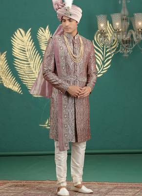 banarasi jacquard maroon wedding wear hand embroidery readymade groom 2