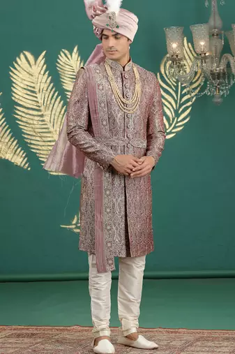 banarasi jacquard maroon wedding wear hand embroidery readymade groom