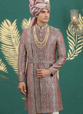 banarasi jacquard maroon wedding wear hand embroidery readymade groom 3