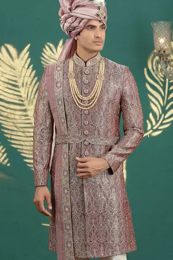banarasi jacquard maroon wedding wear hand embroidery readymade groom