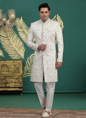 art silk white wedding wear hand embroidery readymade groom 1