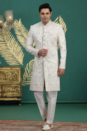 art silk white wedding wear hand embroidery readymade groom