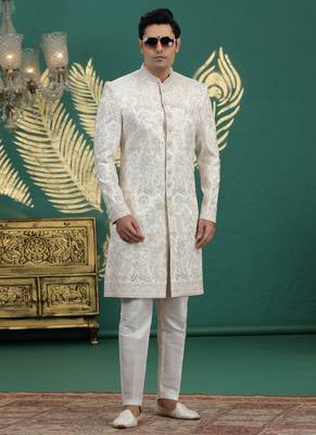 art silk white wedding wear hand embroidery readymade groom 2