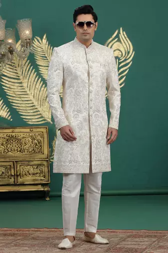 art silk white wedding wear hand embroidery readymade groom
