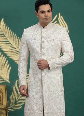 art silk white wedding wear hand embroidery readymade groom 3