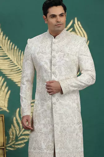 art silk white wedding wear hand embroidery readymade groom