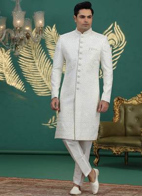 art silk white wedding wear hand embroidery readymade groom 1