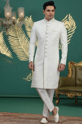 art silk white wedding wear hand embroidery readymade groom