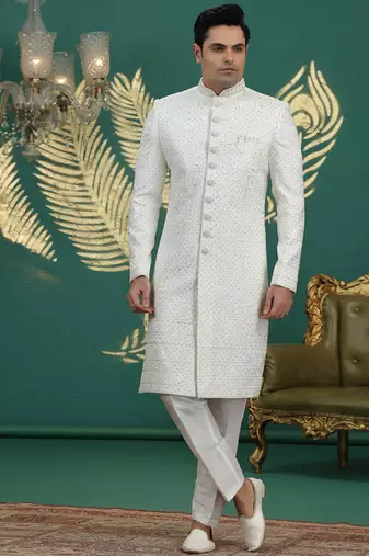 art silk white wedding wear hand embroidery readymade groom