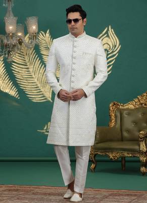 art silk white wedding wear hand embroidery readymade groom 2